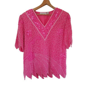 Vintage Pure Silk Lawrence Kazen Intricately Beaded Sequins Blouse Size Small